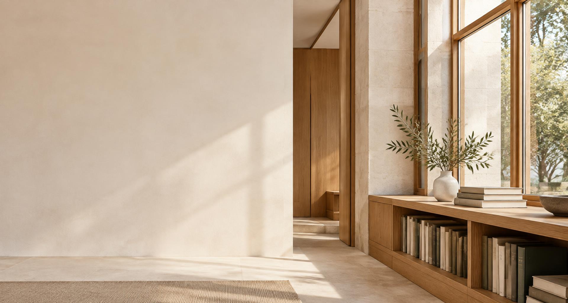 Illustrative light-filled interior with oak shelving and a quiet reading space